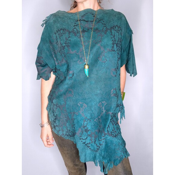 Vintage LEATHER Suede Fringes Top Blouse Asymmetrical Leather Blouse SOFT S - Picture 2 of 10